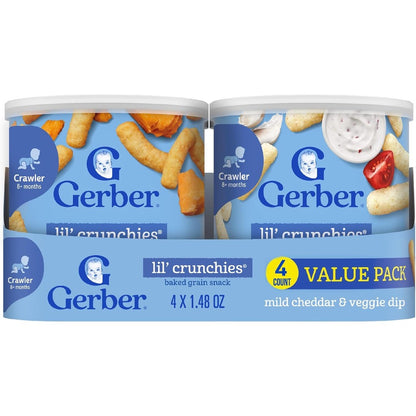 Gerber Stage 3 Baby Food Snacks Value Pack Lil Crunchies front view showing four canisters in mild cheddar and veggie dip flavors