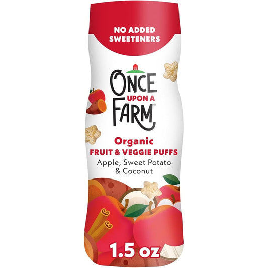 Once Upon A Farm Organic Baby Puffs Apple Sweet Potato and Coconut 1.5 Ounce canister front view.