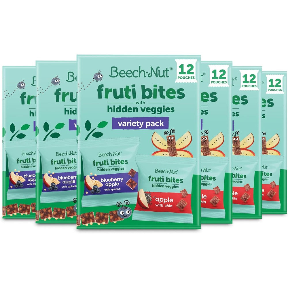 Beech-Nut Toddler Snacks Fruti Bites Variety Pack front view showing packaging with real fruits and vegetables.