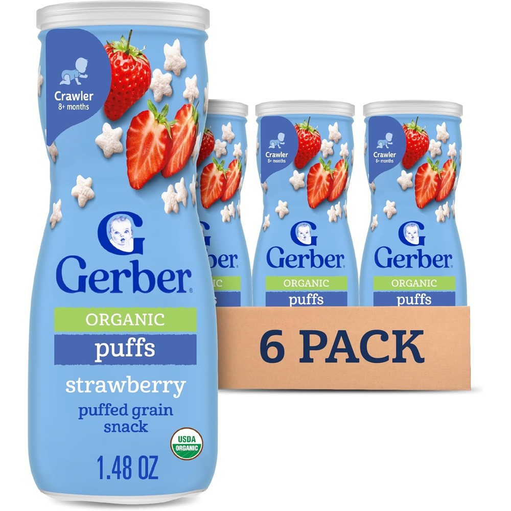 Gerber Stage 3 organic strawberry puffs container front view for baby safe snacking