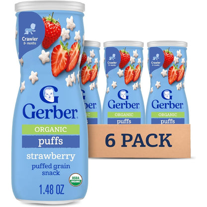 Gerber Stage 3 organic strawberry puffs container front view for baby safe snacking