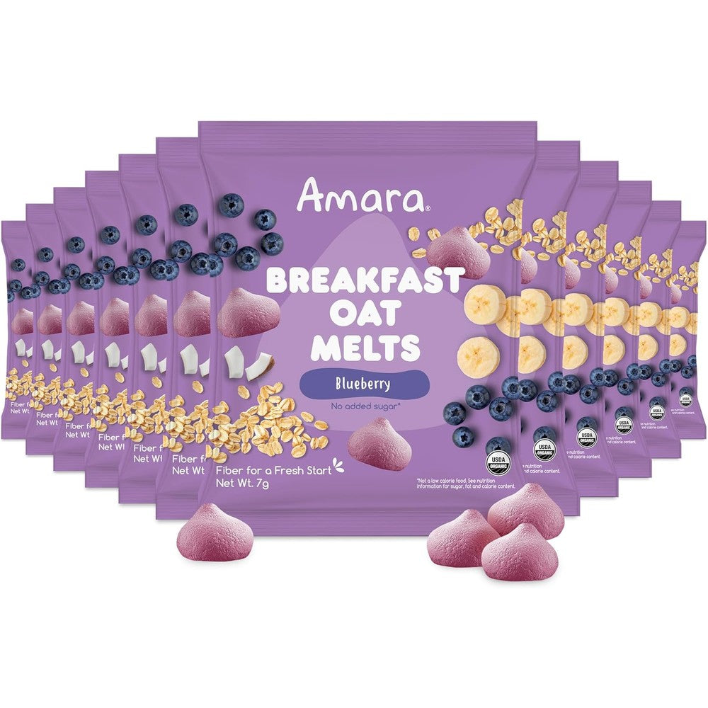 Amara Organic Breakfast Oat Melts Blueberry front packaging view showing toddler snack bites