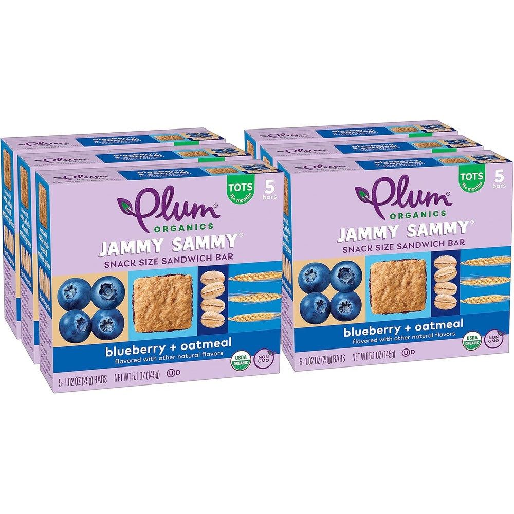 Plum Organics Jammy Sammy Blueberry and Oatmeal toddler snack bars front packaging view