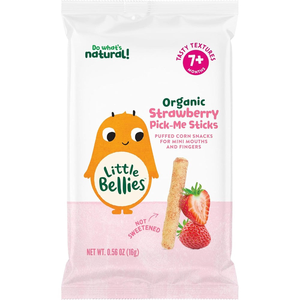 Little Bellies Organic Strawberry Pick-Me Sticks box front view showing infant snack packaging.