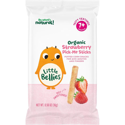 Little Bellies Organic Strawberry Pick-Me Sticks box front view showing infant snack packaging.