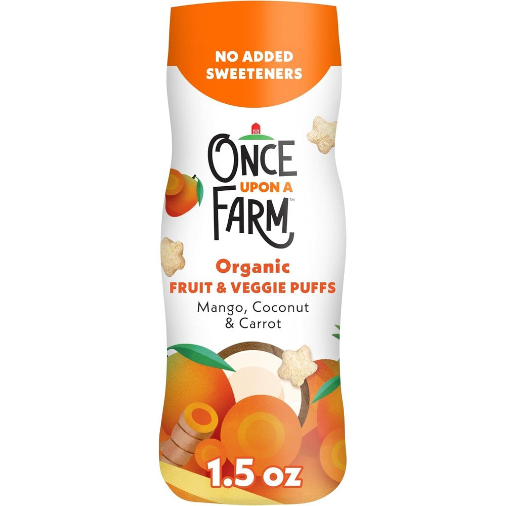Once Upon a Farm Organic Baby Puffs Mango Carrot Coconut front view canister