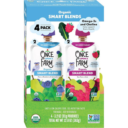 Once Upon a Farm Organic Smart Blend four pack front view showing toddler snack pouches.