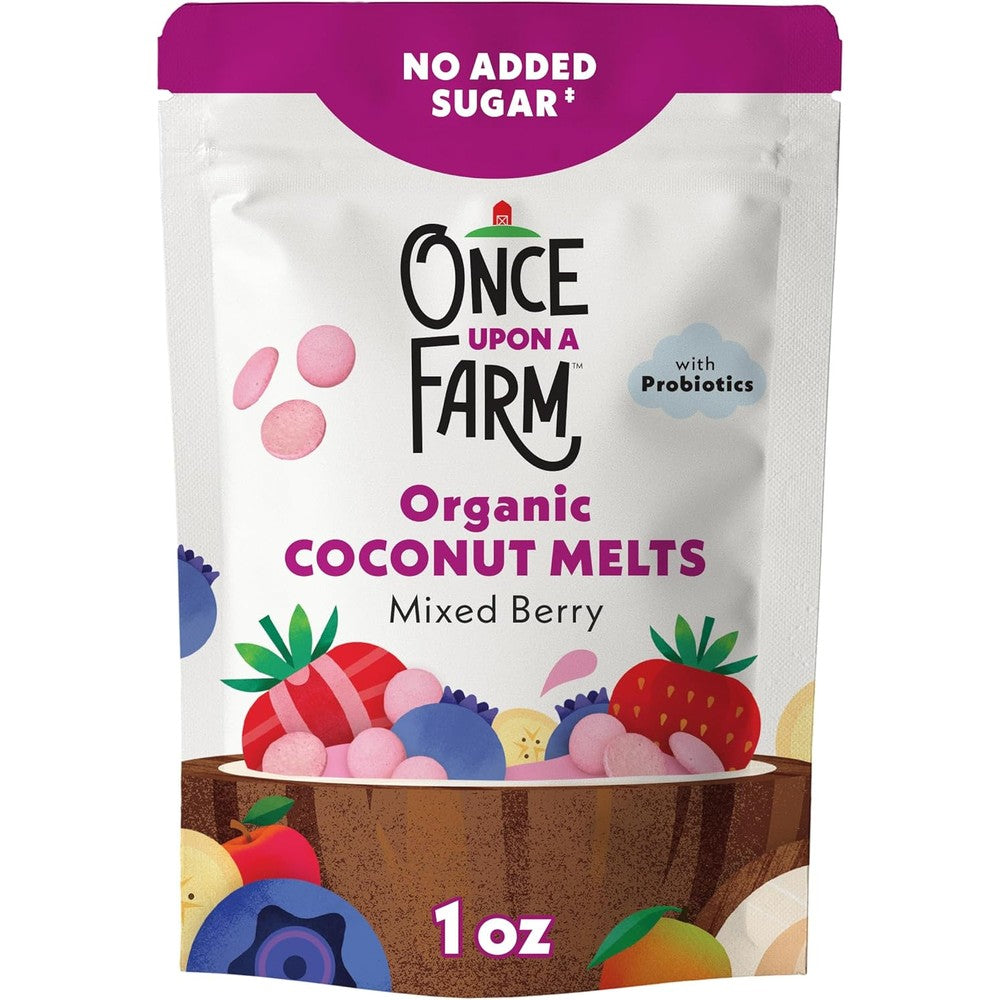 Once Upon A Farm Organic Coconut Melts Mixed Berry front packaging view for toddler organic snacks.