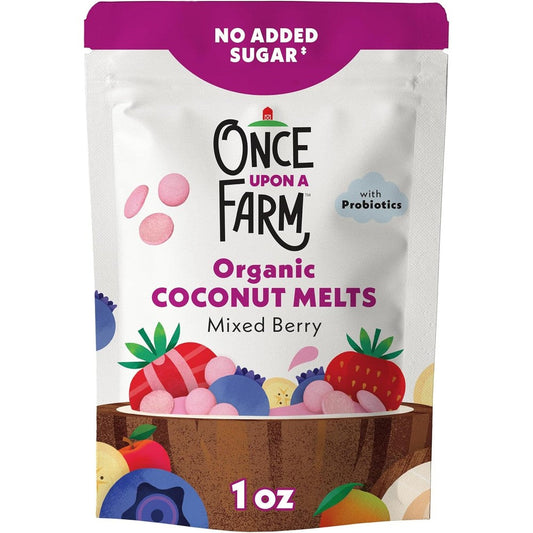 Once Upon A Farm Organic Coconut Melts Mixed Berry front packaging view for toddler organic snacks.