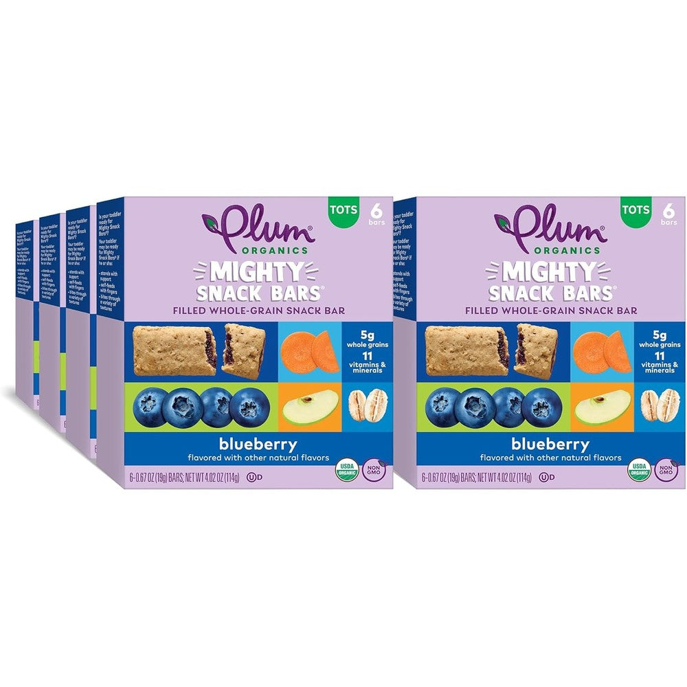 Plum Organics Mighty Snack Bars Blueberry front view of packaging box showing 48 count toddler snack bars.