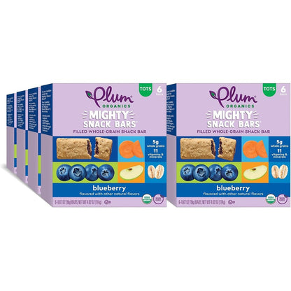 Plum Organics Mighty Snack Bars Blueberry front view of packaging box showing 48 count toddler snack bars.
