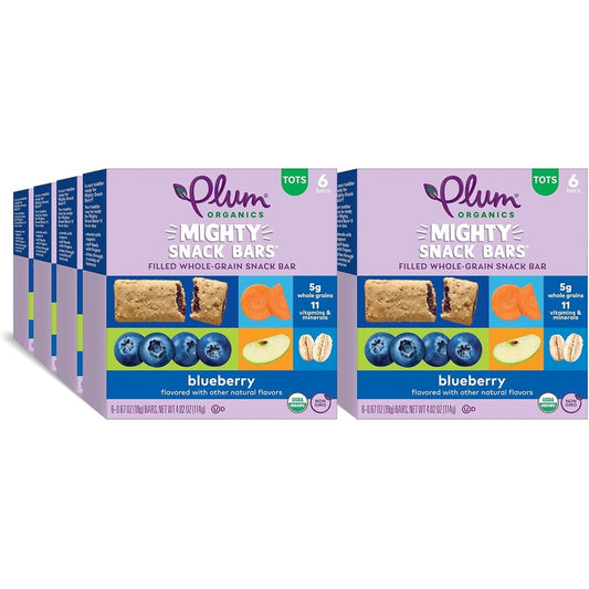 Plum Organics Mighty Snack Bars Blueberry front view of packaging box showing 48 count toddler snack bars.