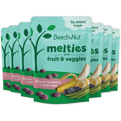 Beech-Nut Melties Banana Blueberry Green Bean seven pack box front view showing authentic imported packaging.
