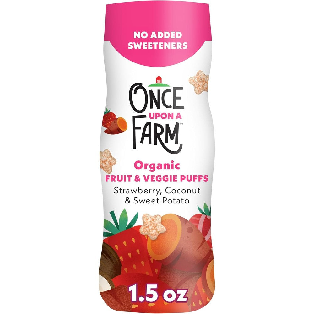 Once Upon a Farm Organic Puffs Strawberry Coconut Sweet Potato front canister view baby snack