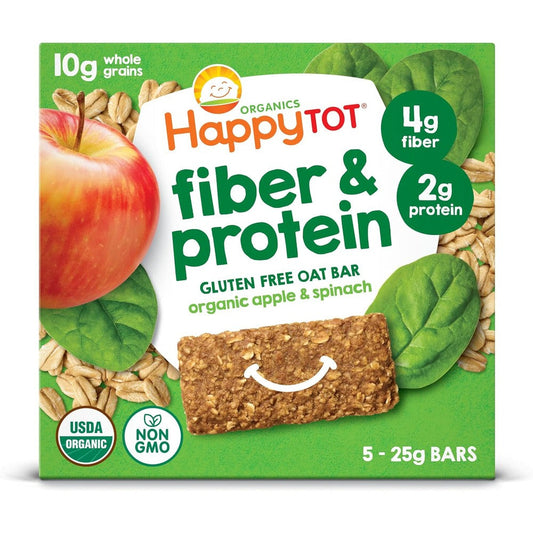 HAPPYTOT Organics Fiber And Protein Toddler Snack Bars front packaging box view showcasing apple and spinach flavor graphics.
