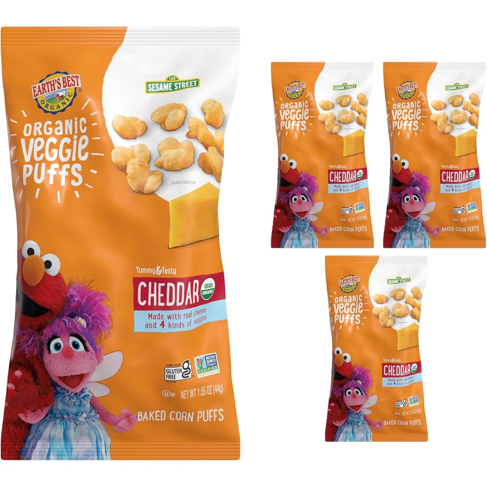 Earth's Best Organic Veggie Puffs Cheddar front view packaging showing Sesame Street characters