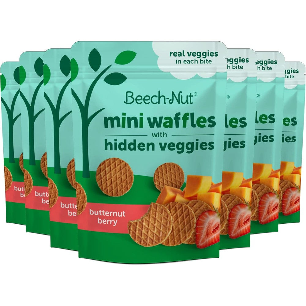 Beech-Nut Toddler Snacks Mini Waffles Butternut Berry front package view showing toasted waffle shapes