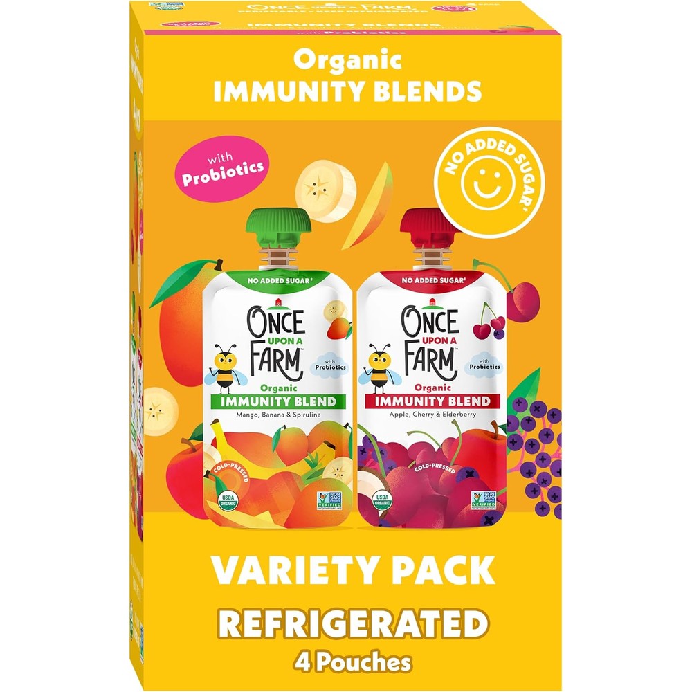 Once Upon a Farm Organic Immunity Blend variety pack front view showing four cold-pressed fruit pouches