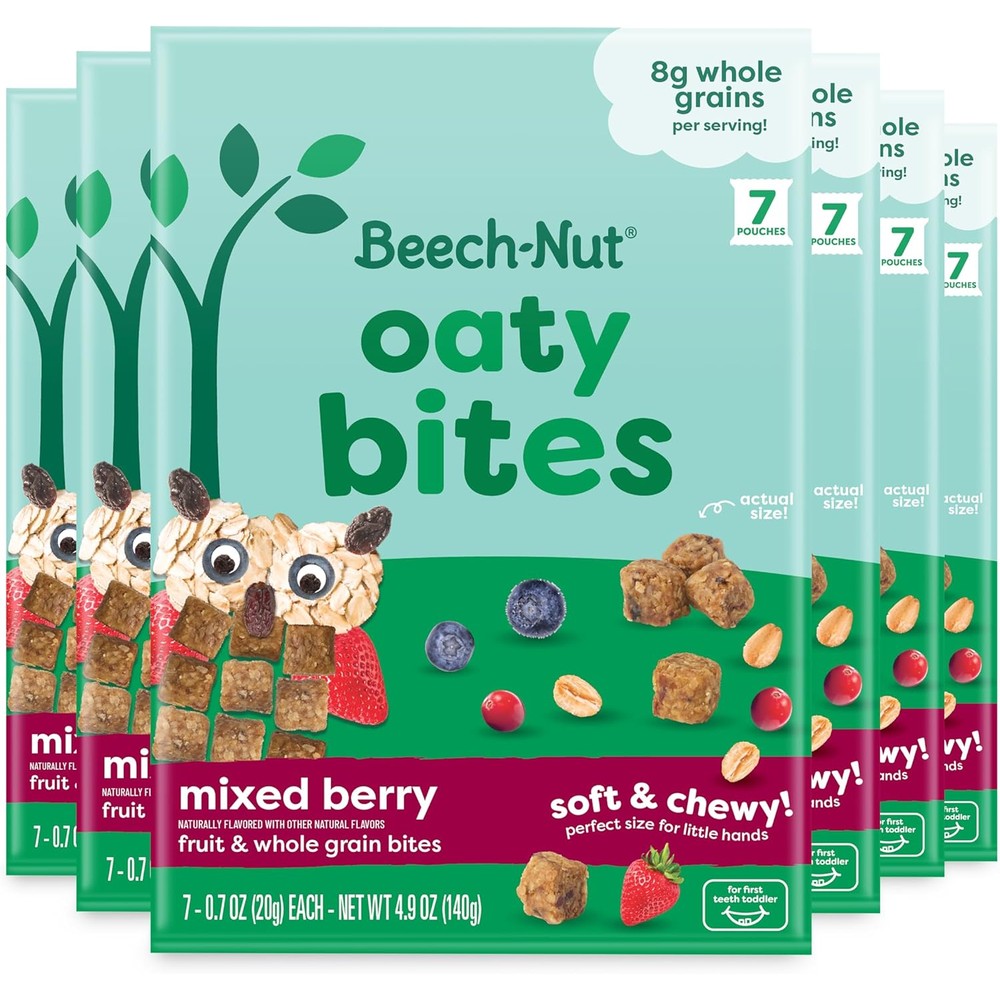 Beech-Nut Mixed Berry Oaty Bites Toddler Snack front packaging view showing six boxes pack