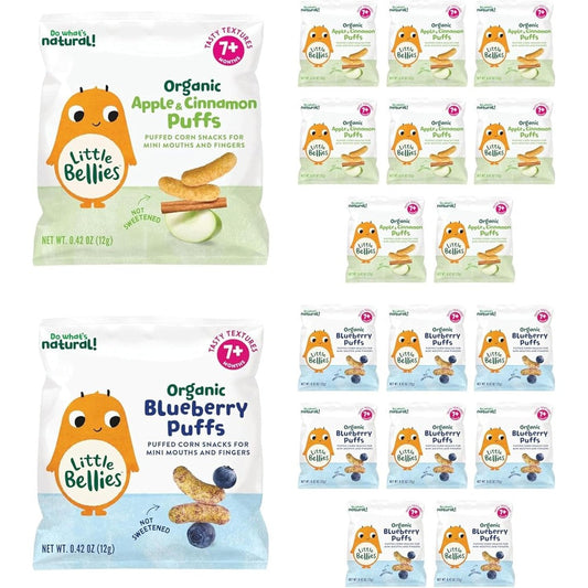 Little Bellies Organic Puffs Variety Pack box front view showing apple cinnamon and blueberry flavor graphics