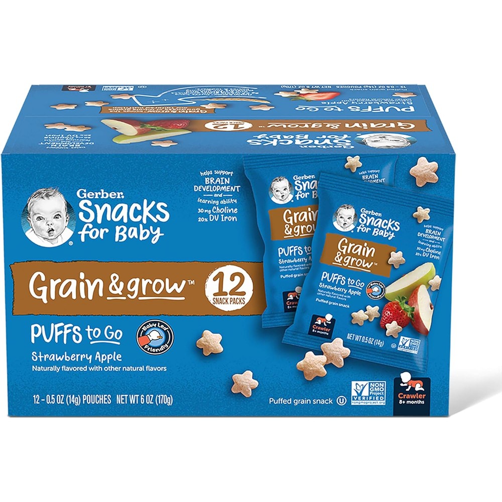 Gerber Grain and Grow Puffs to Go Strawberry Apple box front view containing twelve pouches.