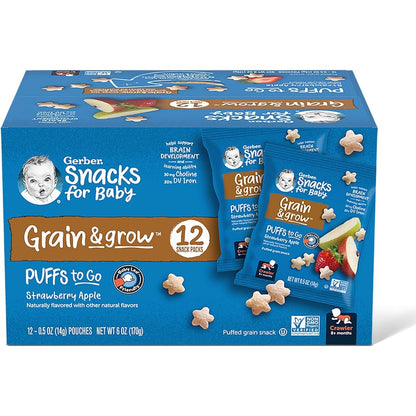 Gerber Grain and Grow Puffs to Go Strawberry Apple box front view containing twelve pouches.