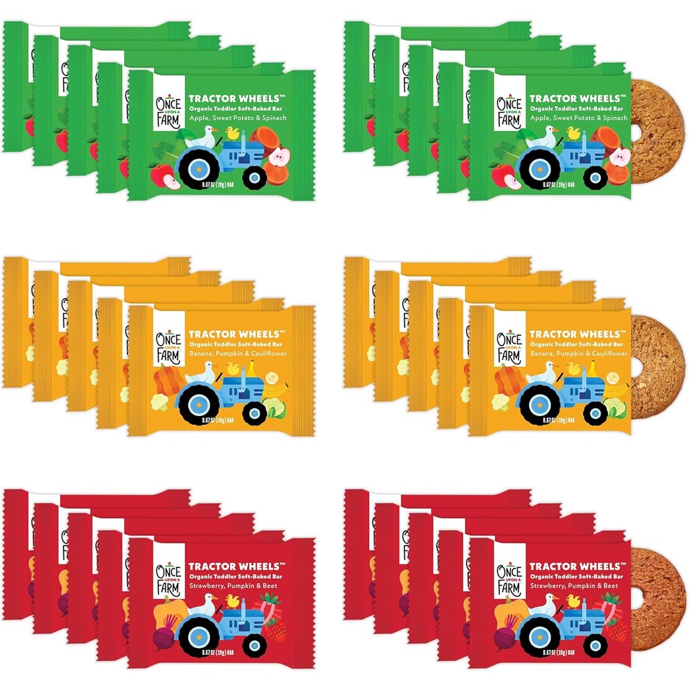 Once Upon a Farm Organic Toddler Soft-Baked Bar Tractor Wheels Variety Pack front view showing the 30 count retail packaging.