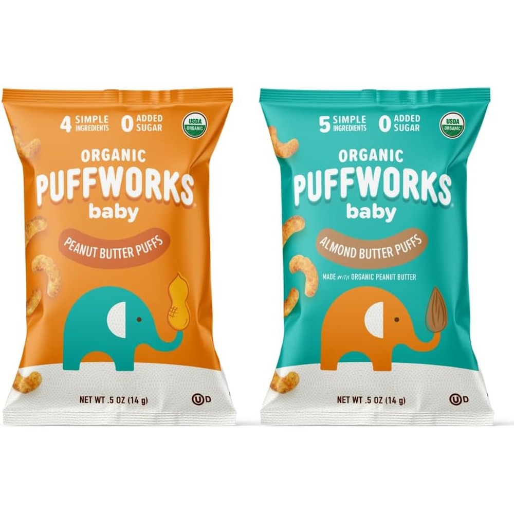 Puffworks Baby Peanut and Almond Variety Pack front packaging showing organic nut butter puffs for infants.