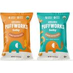 Puffworks Baby Peanut and Almond Variety Pack front packaging showing organic nut butter puffs for infants.