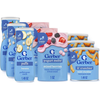 Gerber Baby Snacks Variety Pack front view of nine count assortment box showcasing yogurt melts puffs and lil crunchies canisters