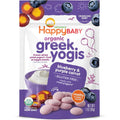 Happy Family Happy Baby Organics Greek Yogis packaging front view showing blueberry and purple carrot flavor details