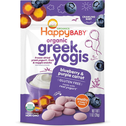 Happy Family Happy Baby Organics Greek Yogis packaging front view showing blueberry and purple carrot flavor details
