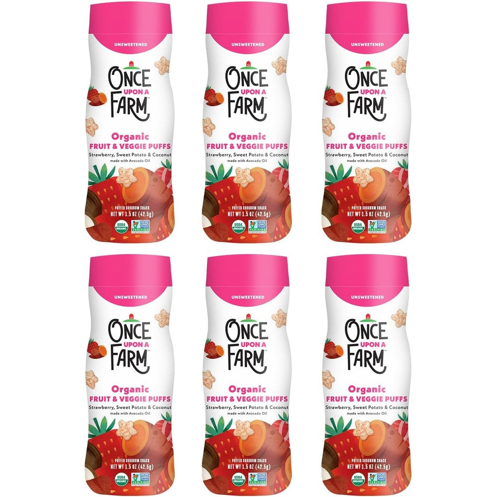 Once Upon A Farm Strawberry Coconut and Sweet Potato Puffs front view canister pack