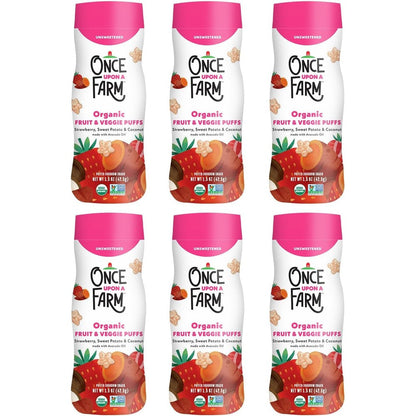 Once Upon A Farm Strawberry Coconut and Sweet Potato Puffs front view canister pack