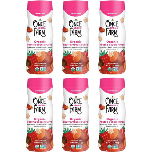 Once Upon A Farm Strawberry Coconut and Sweet Potato Puffs front view canister pack
