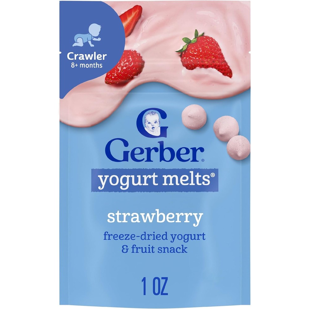 Gerber Stage 3 Strawberry Yogurt Melts front packaging of the seven pack baby snack