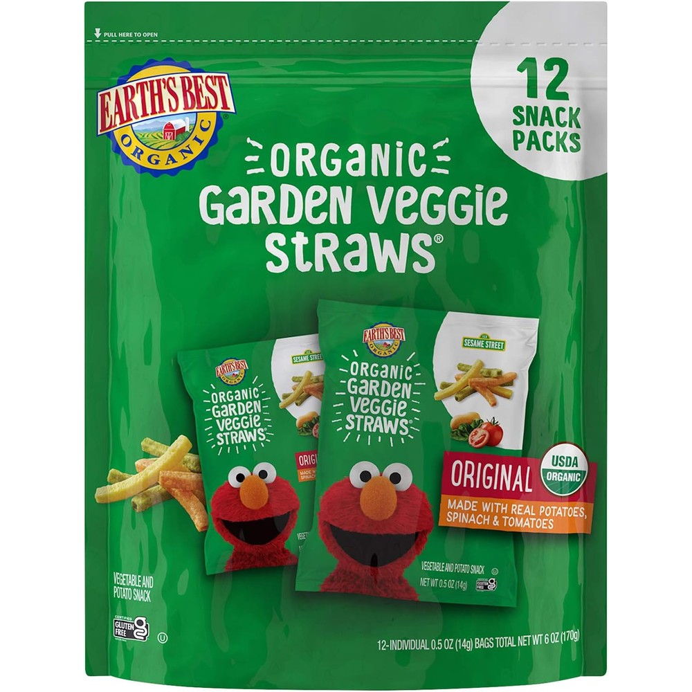 Earth's Best Organic Sesame Street Toddler Garden Veggie Straws front packaging showing twelve count box