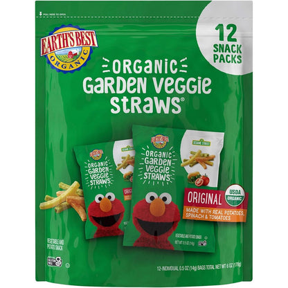 Earth's Best Organic Sesame Street Toddler Garden Veggie Straws front packaging showing twelve count box