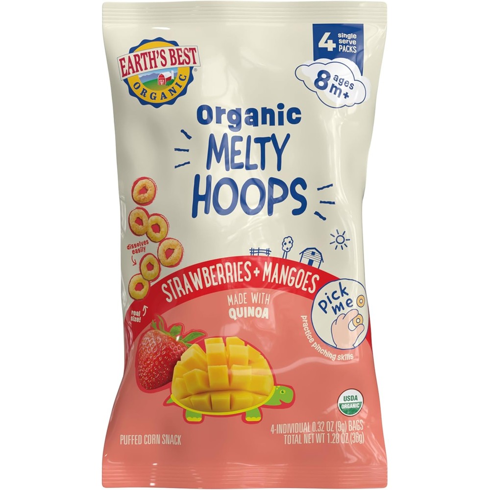 Earth's Best Organic Melty Hoops Strawberry and Mango packaging front view representing healthy infant snacks.
