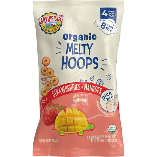 Earth's Best Organic Melty Hoops Strawberry and Mango packaging front view representing healthy infant snacks.