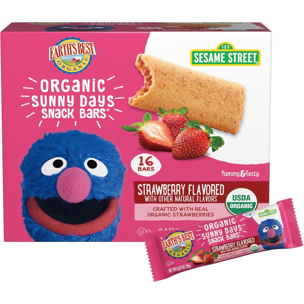 Earth's Best Organic Sesame Street Sunny Days Strawberry Snack Bars front view box of sixteen count
