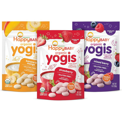 Happy Baby Organics Yogis 3 Flavor Variety Pack front view showing organic baby yogurt snacks