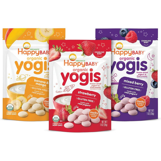 Happy Baby Organics Yogis 3 Flavor Variety Pack front view showing organic baby yogurt snacks