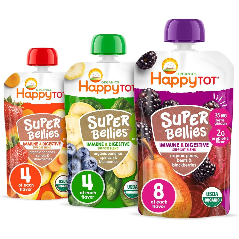 HAPPYTOT Organics Stage 4 Super Bellies fruit and veggie puree variety pack front view