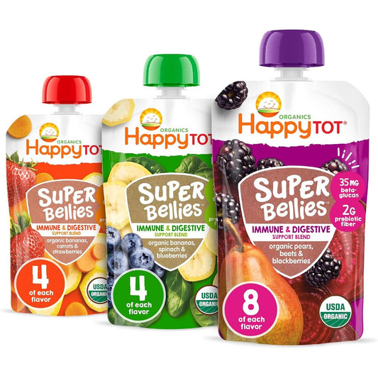 HAPPYTOT Organics Stage 4 Super Bellies fruit and veggie puree variety pack front view
