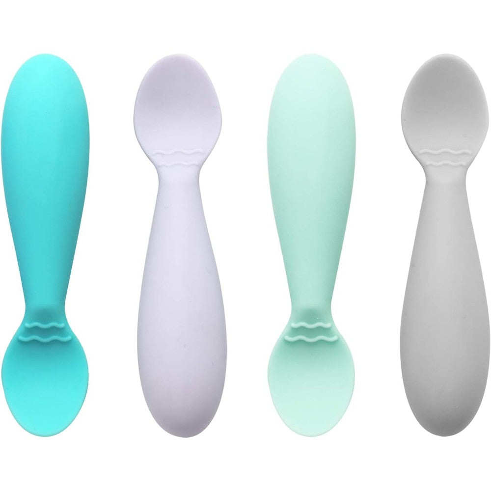 PandaEar Baby Infant Spoons front view of four pack colorful silicone utensils.