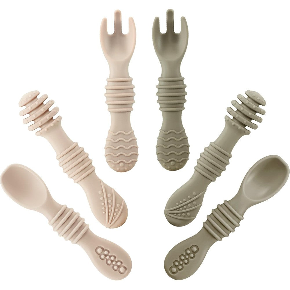 PandaEar Silicone Baby Spoons and Fork Feeding Set front view of the six piece colorful kit.