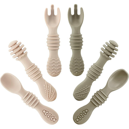 PandaEar Silicone Baby Spoons and Fork Feeding Set front view of the six piece colorful kit.