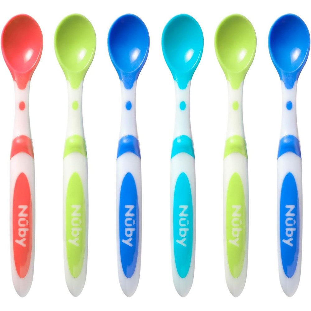 Nuby 6 Piece Long Handle Weaning Spoons front view pack of colorful baby spoons.