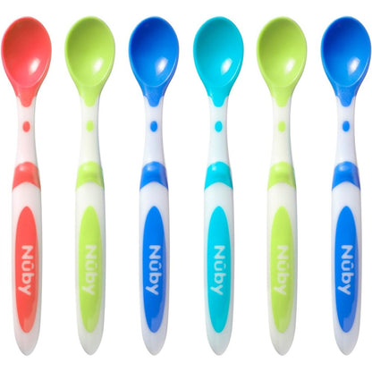Nuby 6 Piece Long Handle Weaning Spoons front view pack of colorful baby spoons.